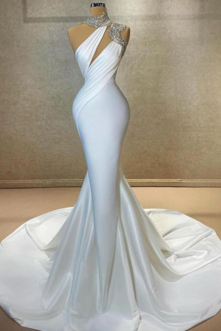 Column Satin High Neck Sleeveless White Wedding Dress Long Prom Dress With Ruffles