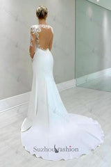 Column Satin Lace Long Sleeve White Wedding Dress Bridal Gown With Appliques
