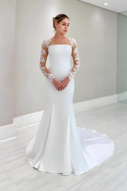 Column Satin Lace Long Sleeve White Wedding Dress Bridal Gown With Appliques Column Satin Lace Long Sleeve White Wedding Dress Bridal Gown With Appliques