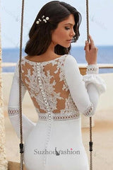 Column Satin Long Sleeve White Beach Wedding Dress Bridal Gown With Appliques