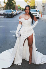 Column Satin One Shoulder Sleeveless White Wedding Dress Bridal Gown With Panel Train