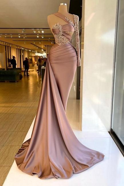 Column Satin Prom Dress One Shoulder Sleeve Formal Dress
