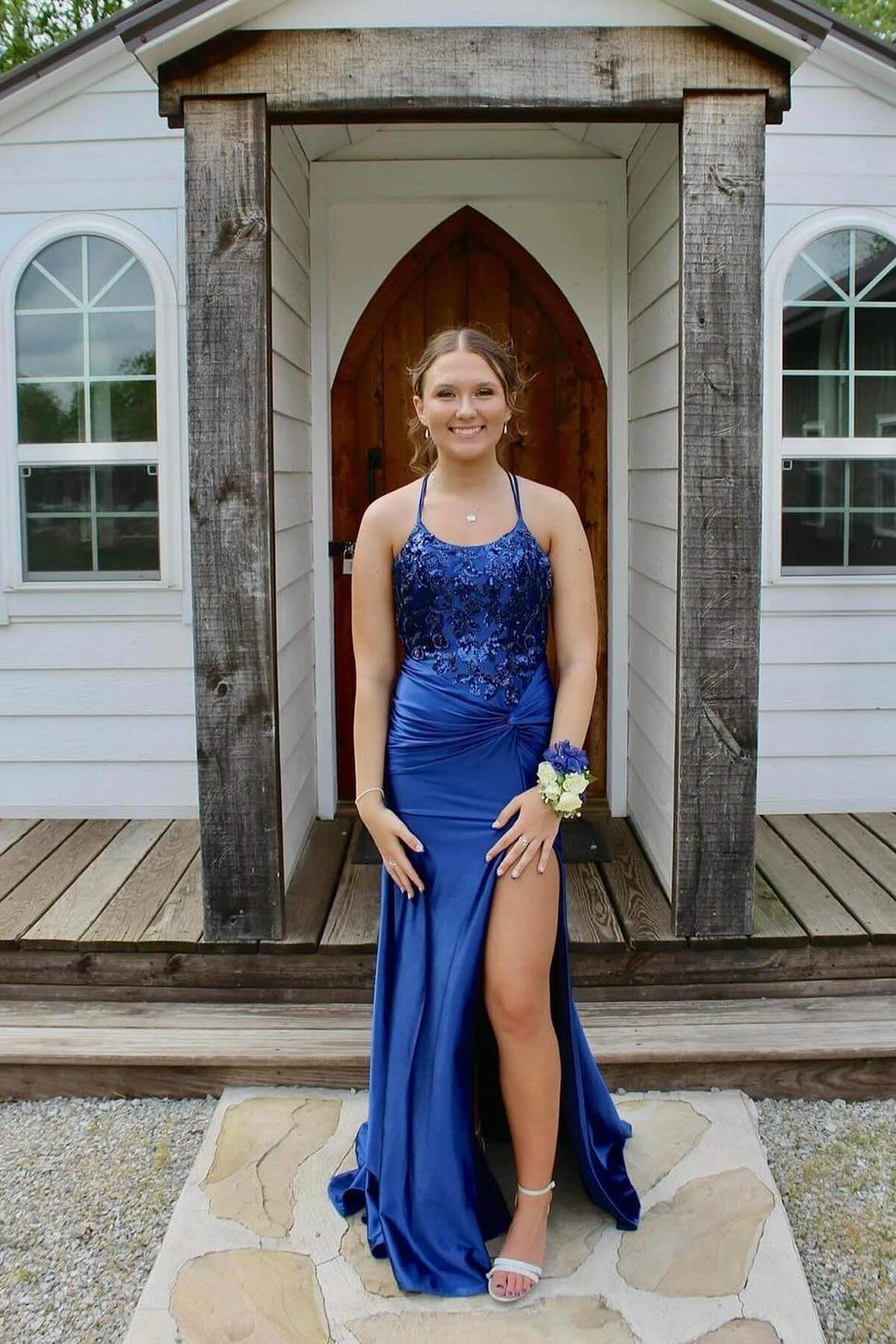 Column Satin Scoop Sleeveless Blue Prom Dress Formal Dress With Appliques Slit Column Satin Scoop Sleeveless Blue Prom Dress Formal Dress With Appliques Slit