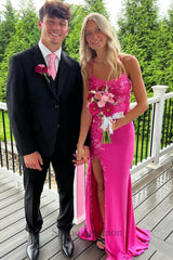 Column Satin Spaghetti Straps Sleeveless Pink Prom Dress Formal Dress With Appliques Slit