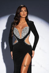 Column Satin V Neck Sleeve Black Prom Dress Formal Dress With Rhinestone Slit