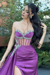 Column Tulle Satin Sweetheart Sleeveless Formal Dress With Slit
