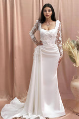 Column Wedding Dress Off The Shoulder Long Sleeve Appliques Satin Lace Bridal Gown