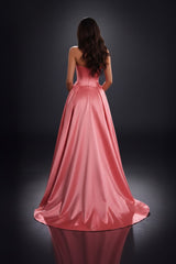 Coral Satin A Line Prom Dress with Basque Waist and High Slit