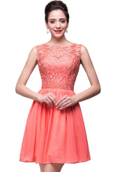 Coral Scoop Sleeveless Lace Short Party Dresses