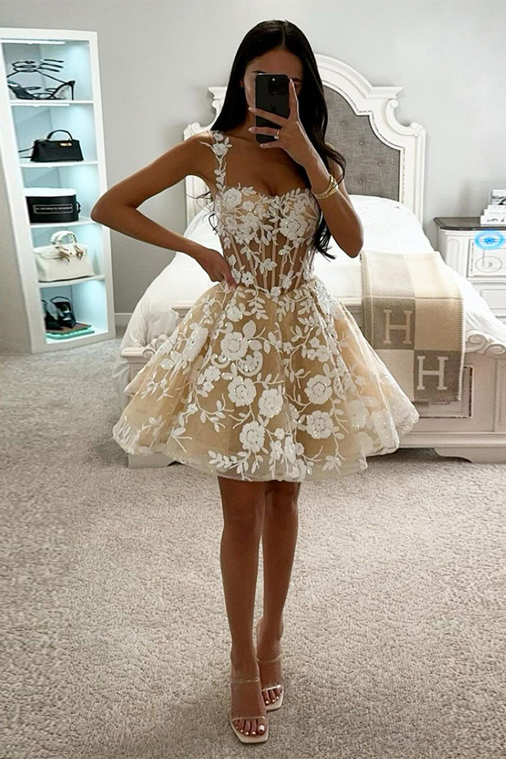 Corset Champagne Homecoming Dresses Floral A-Line Short Cocktail Dresses