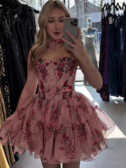 Corset Strapless A Line Short Homecoming Dress with Ruffles