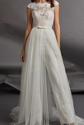 Country Jumpsuits Beach Wedding Dress Jewel Detachable Lace Tulle Cap Sleeve Plus Size Bridal Gowns
