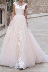 Country Plus Size A-Line Wedding Dress Jewel Lace Taffeta Chiffon Short Sleeve Bridal Gowns with Sweep Train