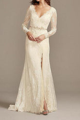 Country Plus Size A-Line Wedding Dress V-neck Lace Satin Long Sleeve Bridal Gowns
