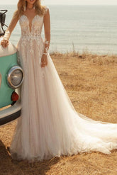 Country Plus Size A-Line Wedding Dress V-neck Lace Tulle Jersey Long Sleeve Bridal Gowns with Sweep Train
