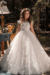 Crew Neck A Line Tulle Princess Flower Girl Dress with Butterflies and 3D Flowers