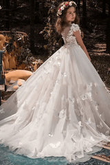 Crew Neck A Line Tulle Princess Flower Girl Dress with Butterflies and 3D Flowers