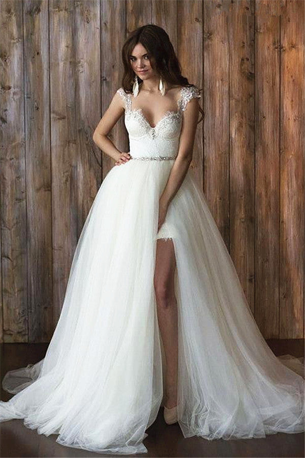 Crystals Overskirt Tulle V-neck Detachable Bridal Dresses Cap Sleeve Belt Wedding Dresses