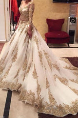 Custom Made Gold Lace Wedding Dress Long Sleeve Luxurious Bridal Dress TB0326