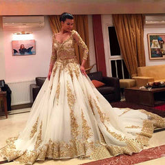 Custom Made Gold Lace Wedding Dress Long Sleeve Luxurious Bridal Dress TB0326