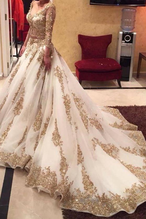 Custom Made Gold Lace Wedding Dress Long Sleeve Luxurious Bridal Dress TB0326