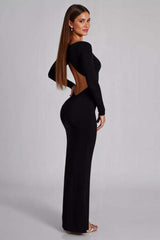Cut Out Jersey Black Wedding Guest Dress Long Sleeves Formal Dress With Slit
