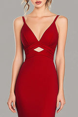 Cut Out Red Wedding Guest Dress V-Neck Mermaid Spaghetti Straps Formal Dress