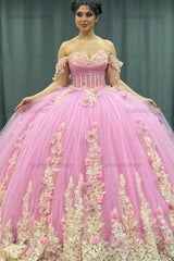 Cute Ball Gown Off Shoulder Beaded Pleated Gold Appliques Detachable Ruffles 3D Flower Sparkly Pink Tulle Quinceanera Dress Birthday Party Formal Dress For Sweet 16