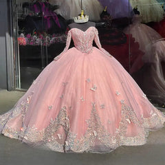 Cute Ball Gown Off Shoulder Long Sleeves 3D Butterfly Appliques Sweep Train Pink Tulle Quinceanera Dress For Sweet 16