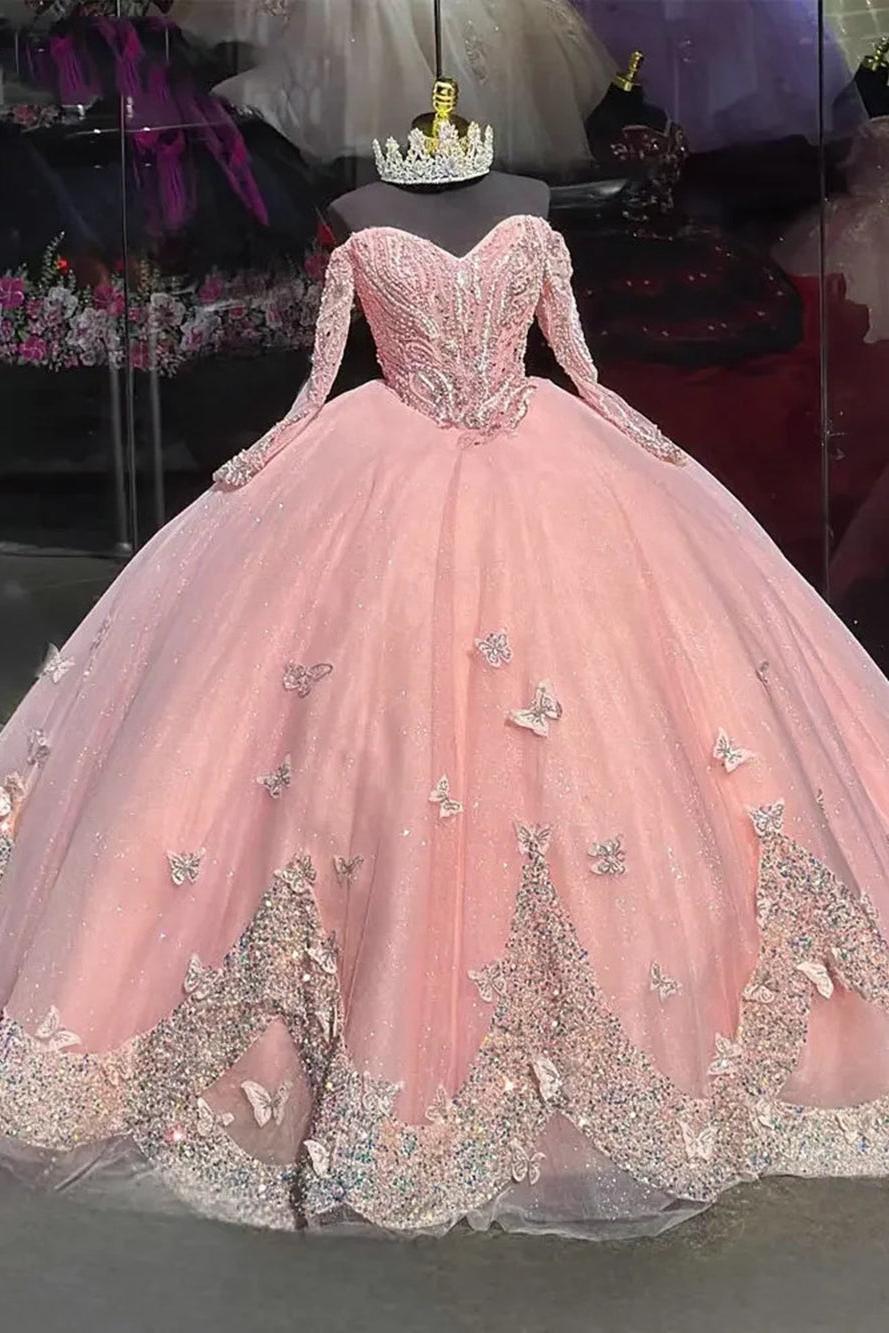 Cute Ball Gown Off Shoulder Long Sleeves 3D Butterfly Appliques Sweep Train Pink Tulle Quinceanera Dress For Sweet 16