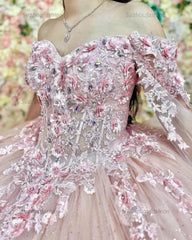 Cute & Chic Ball Gown Off Shoulder Lace Appliques Pink Tulle Princess Birthday Party Gown Quinceanera Dress For Sweet 16
