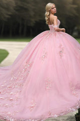 Cute & Chic Ball Gown Off Shoulder Sleeveless Beaded Sequins Appliques Pink Tulle Quinceanera Dress Birthday Party Dress For Sweet 16
