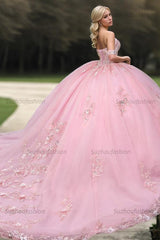Cute & Chic Ball Gown Off Shoulder Sleeveless Beaded Sequins Appliques Pink Tulle Quinceanera Dress Birthday Party Dress For Sweet 16