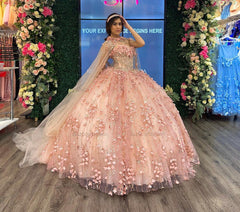 Cute & Chic Ball Gown Strapless Cape 3D Floral Appliques Beaded Rose Pink Tulle Quinceanera Dress For Sweet 16