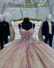 Cute & Chic Ball Gown Sweetheart Neck Spaghetti Straps Sequined Lace Appliques Quinceanera Dress Princess Birthday Party Gown For Sweet 16