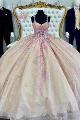 Cute & Chic Ball Gown Sweetheart Neck Spaghetti Straps Sequined Lace Appliques Quinceanera Dress Princess Birthday Party Gown For Sweet 16