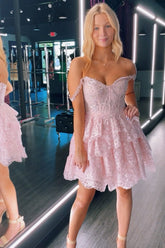 Cute Pink Homecoming Dresses Off The Shoulder A Line Short Cocktail Dresses with Lace