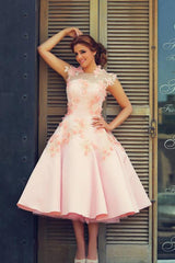 Cute Pink Lace Tea Length Wedding Dress with Flowers A-Line New Tulle Custom Made Prom Dresses