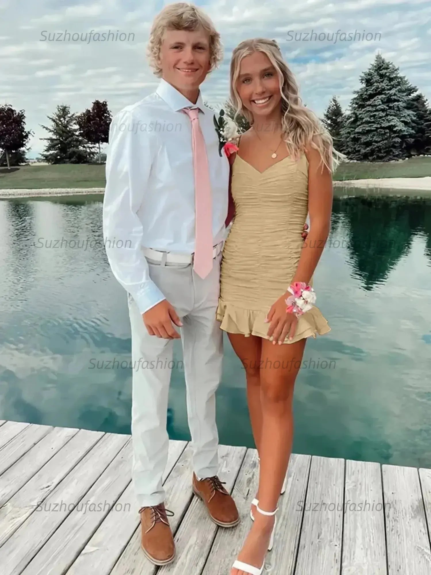 Cute Sheath Satin Short Homecoming Dress with Ruffles