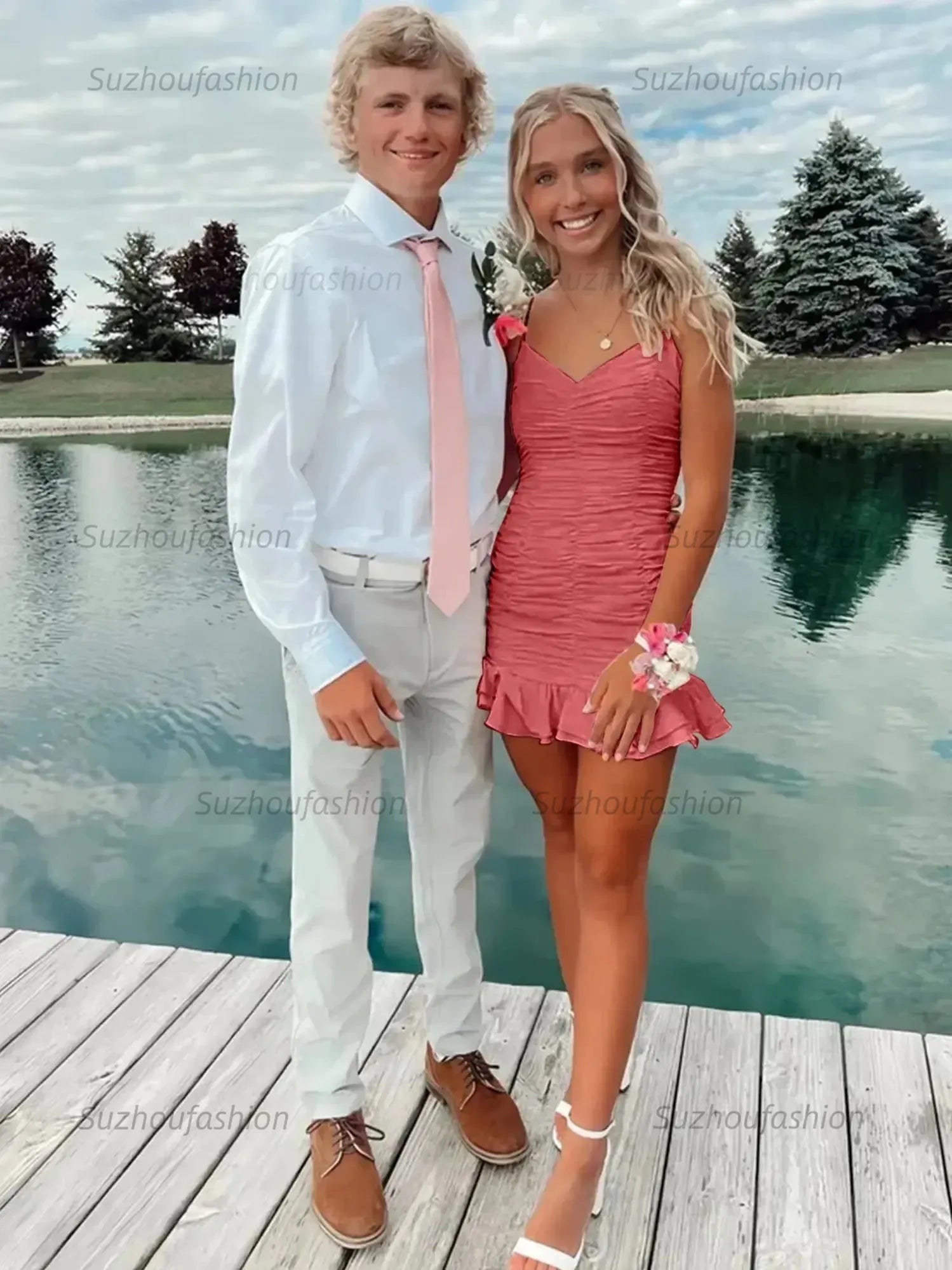 Cute Sheath Satin Short Homecoming Dress with Ruffles
