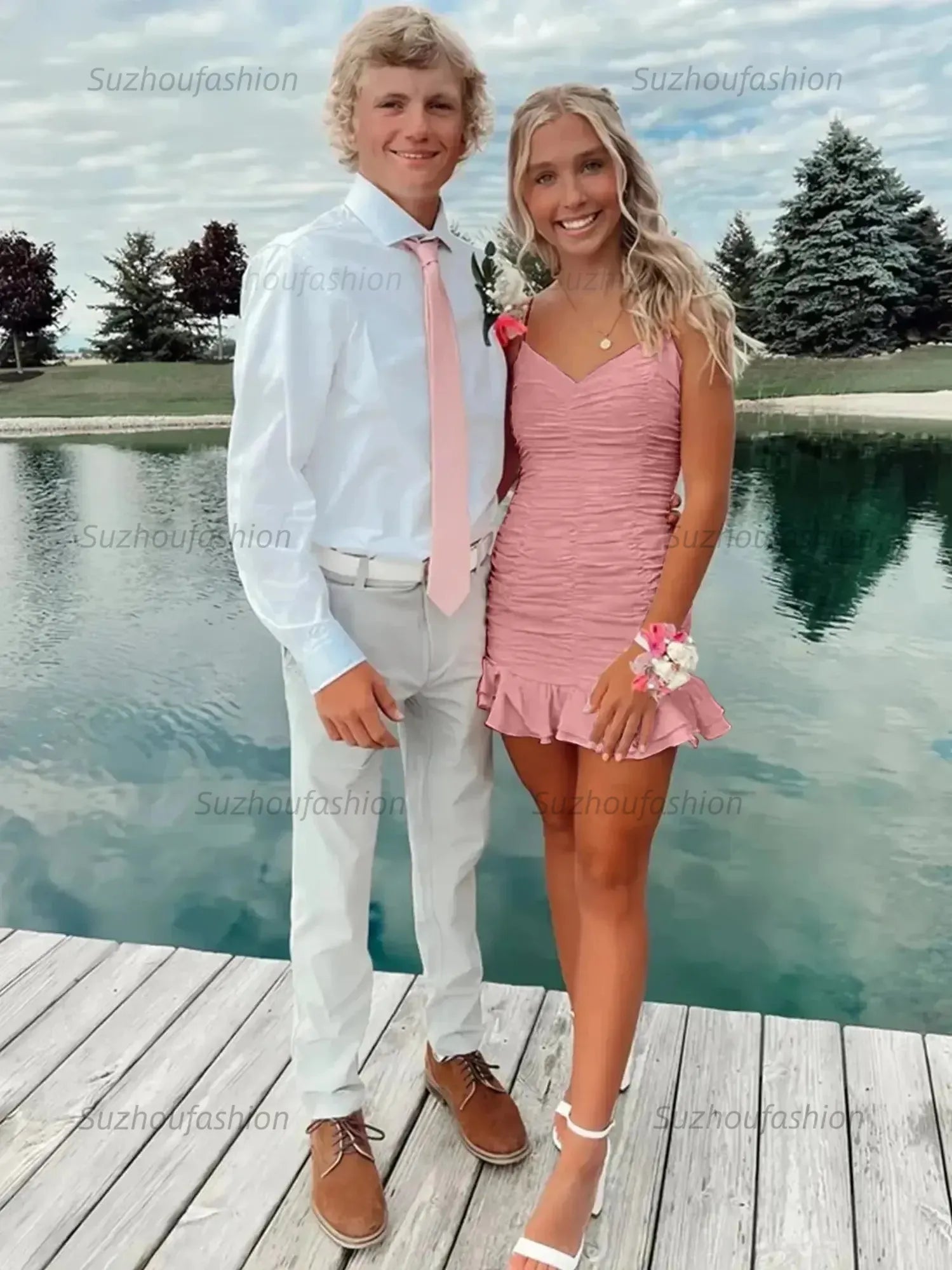 Cute Sheath Satin Short Homecoming Dress with Ruffles