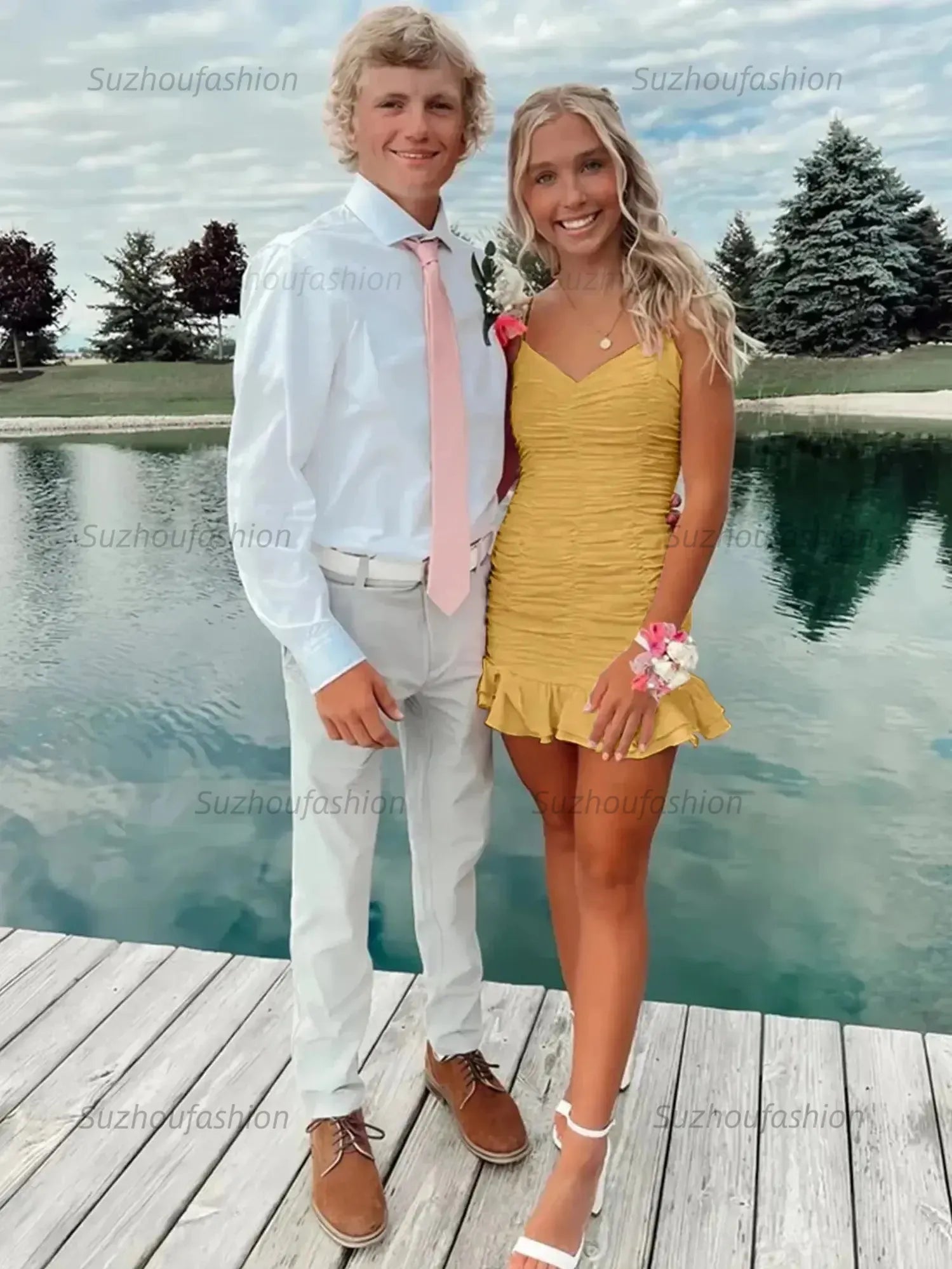 Cute Sheath Satin Short Homecoming Dress with Ruffles