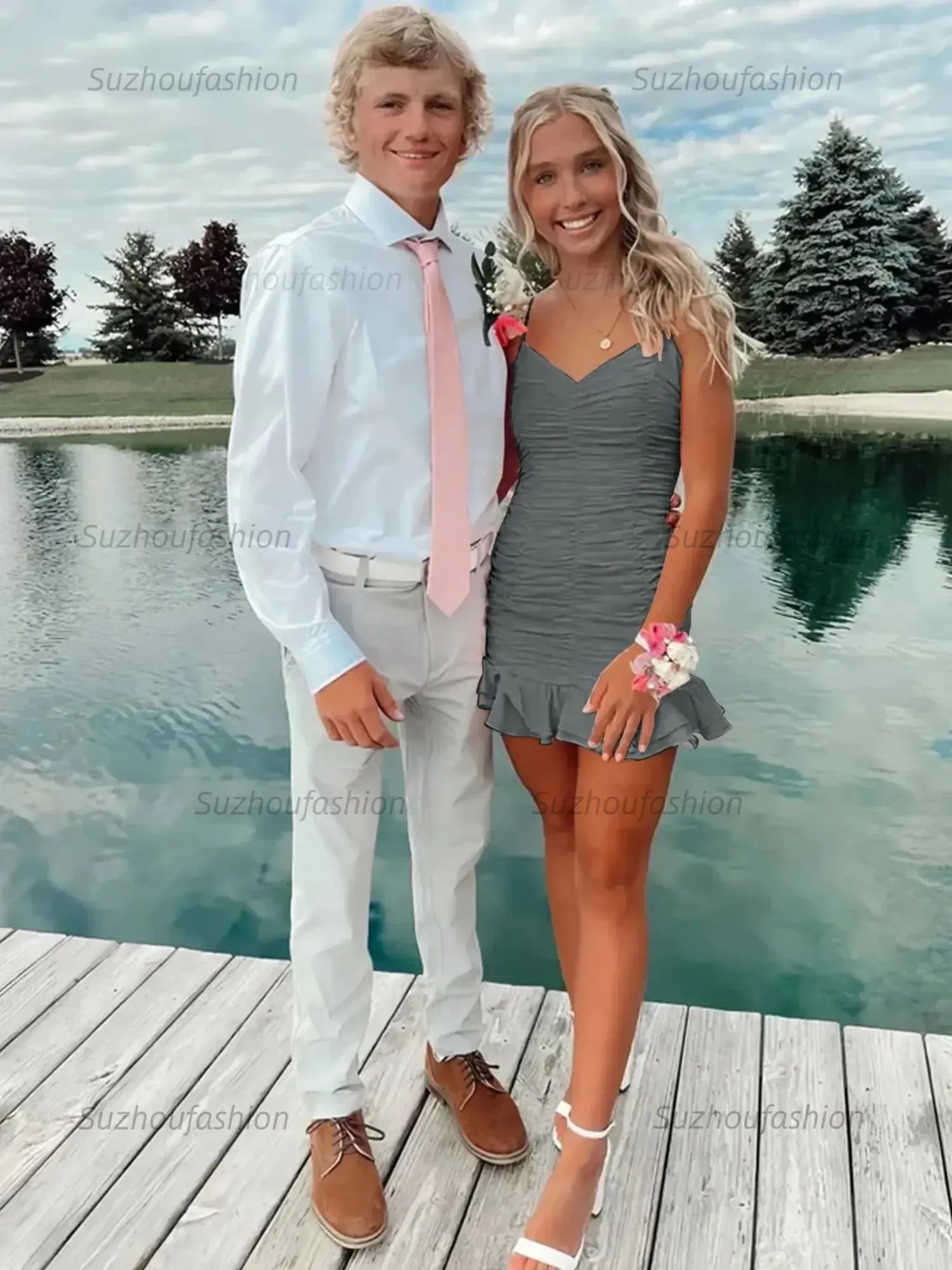 Cute Sheath Satin Short Homecoming Dress with Ruffles