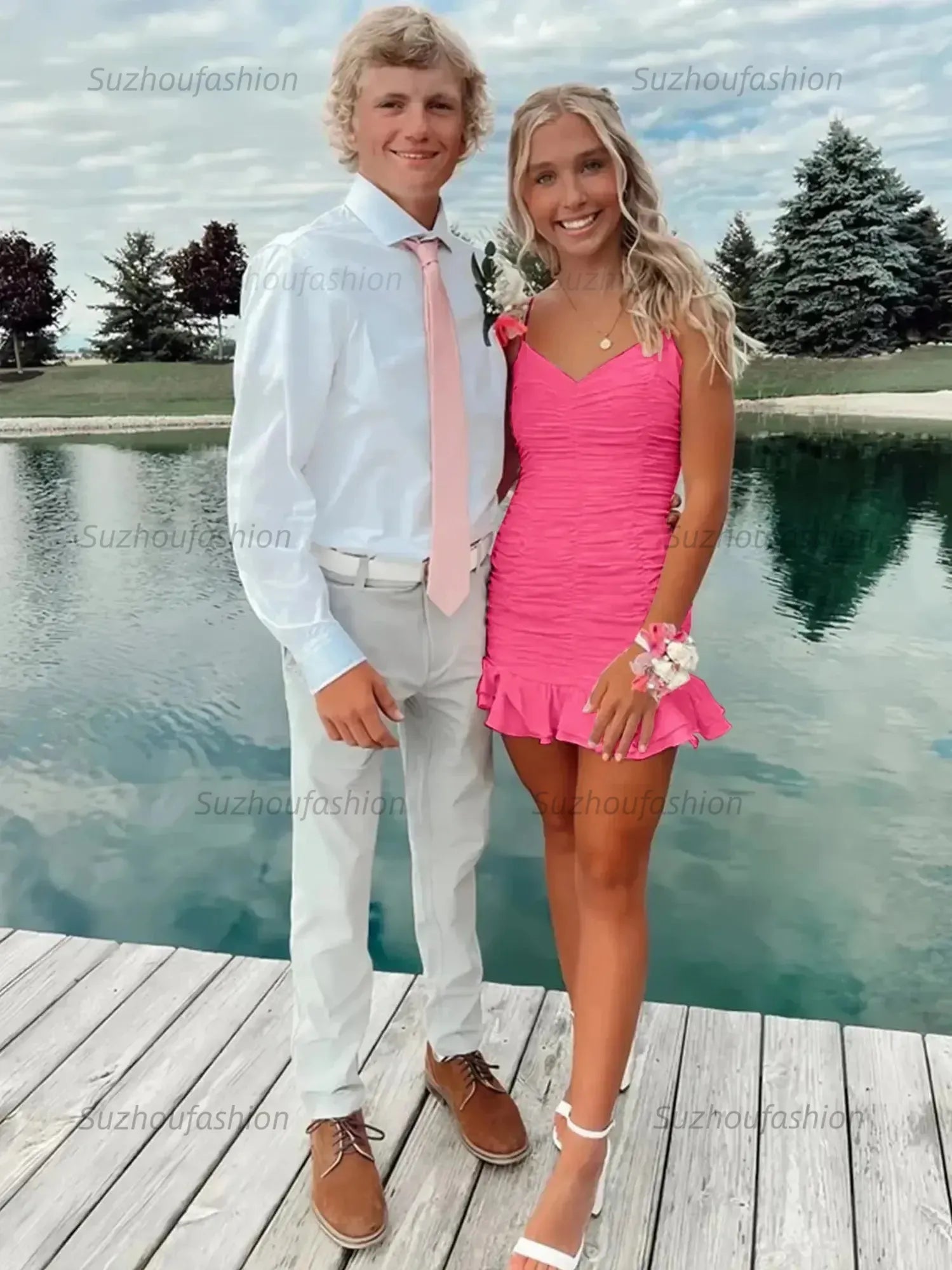 Cute Sheath Satin Short Homecoming Dress with Ruffles