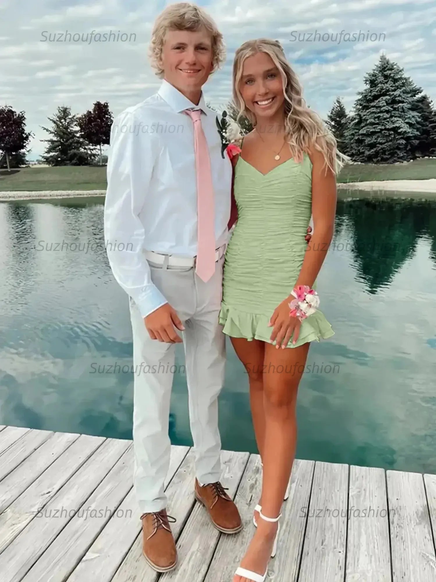 Cute Sheath Satin Short Homecoming Dress with Ruffles