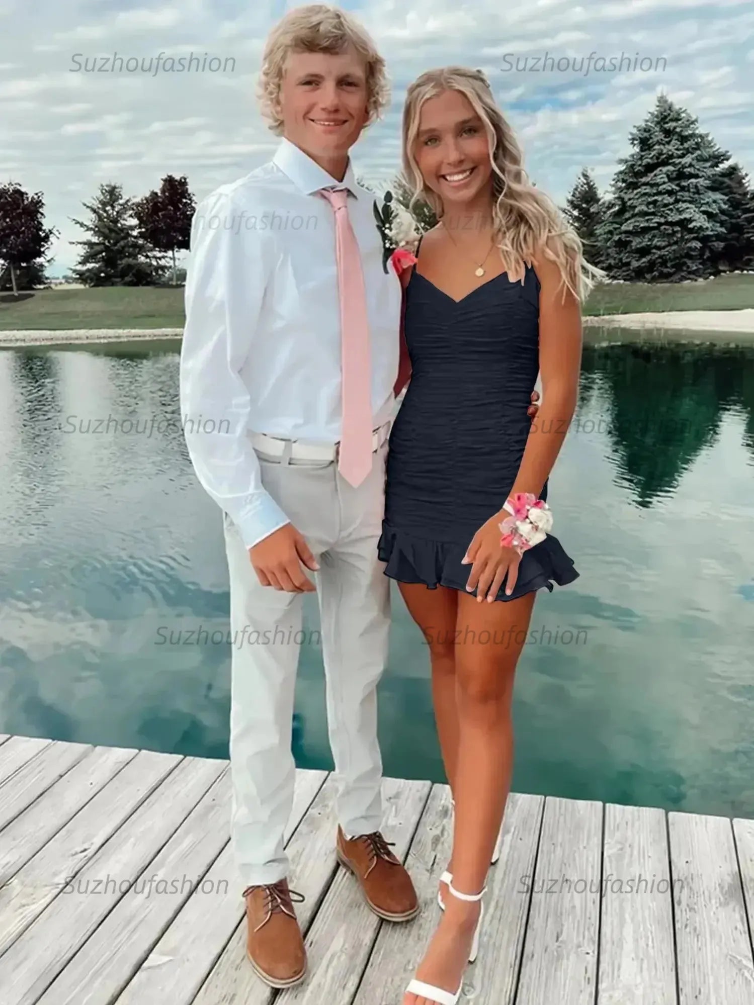 Cute Sheath Satin Short Homecoming Dress with Ruffles