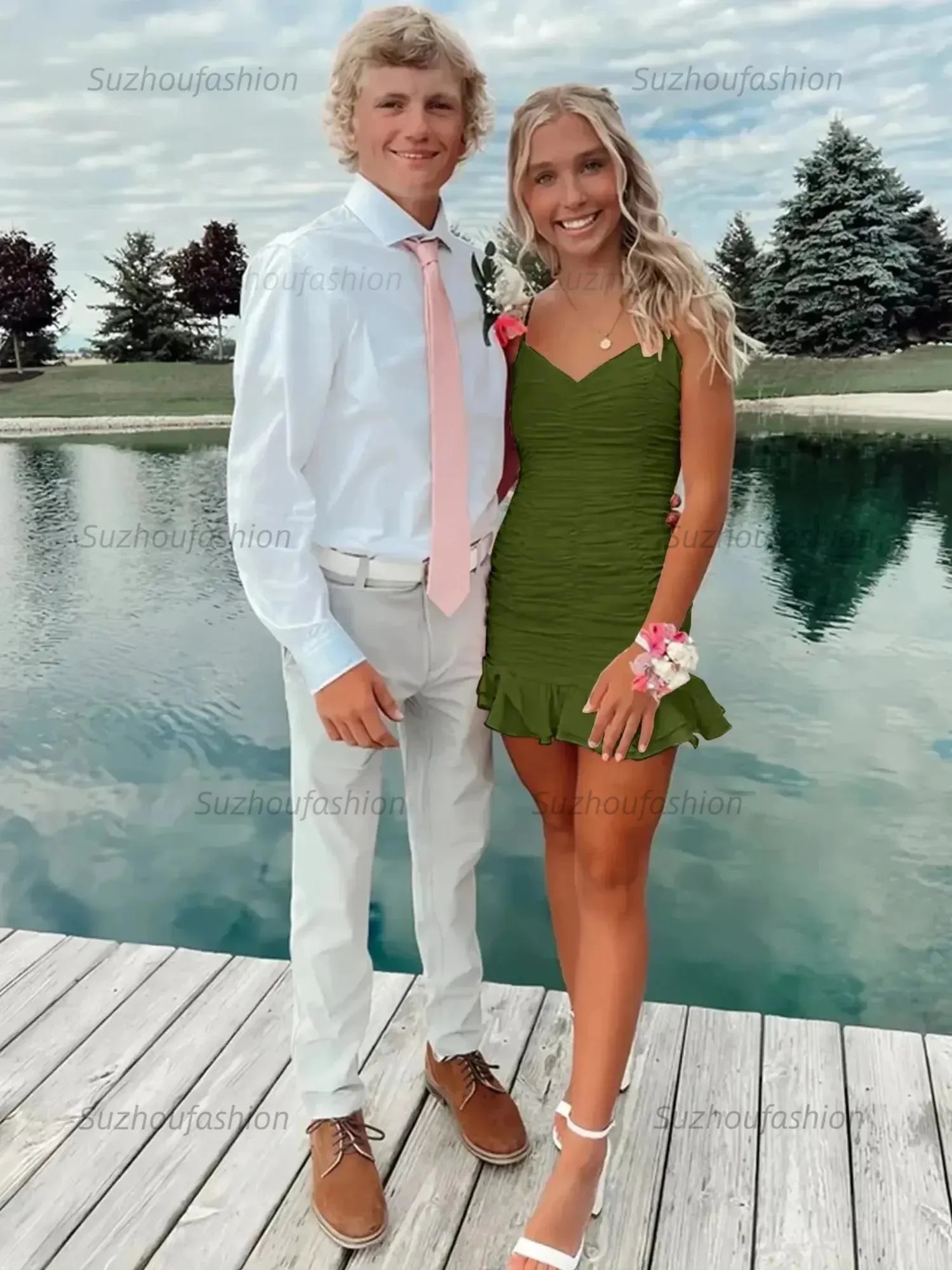 Cute Sheath Satin Short Homecoming Dress with Ruffles