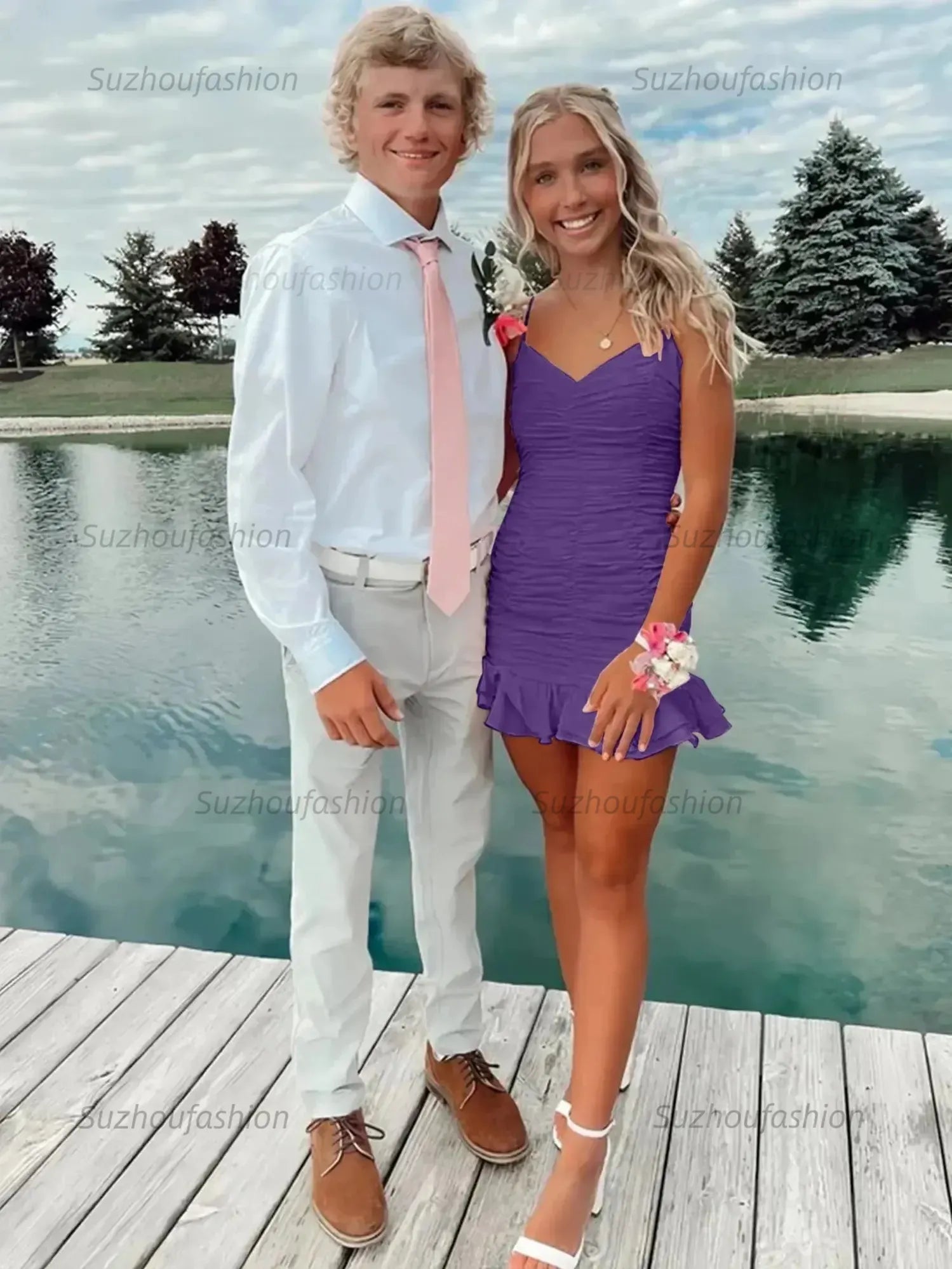 Cute Sheath Satin Short Homecoming Dress with Ruffles