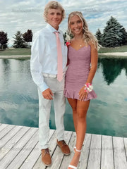 Cute Sheath Satin Short Homecoming Dress with Ruffles