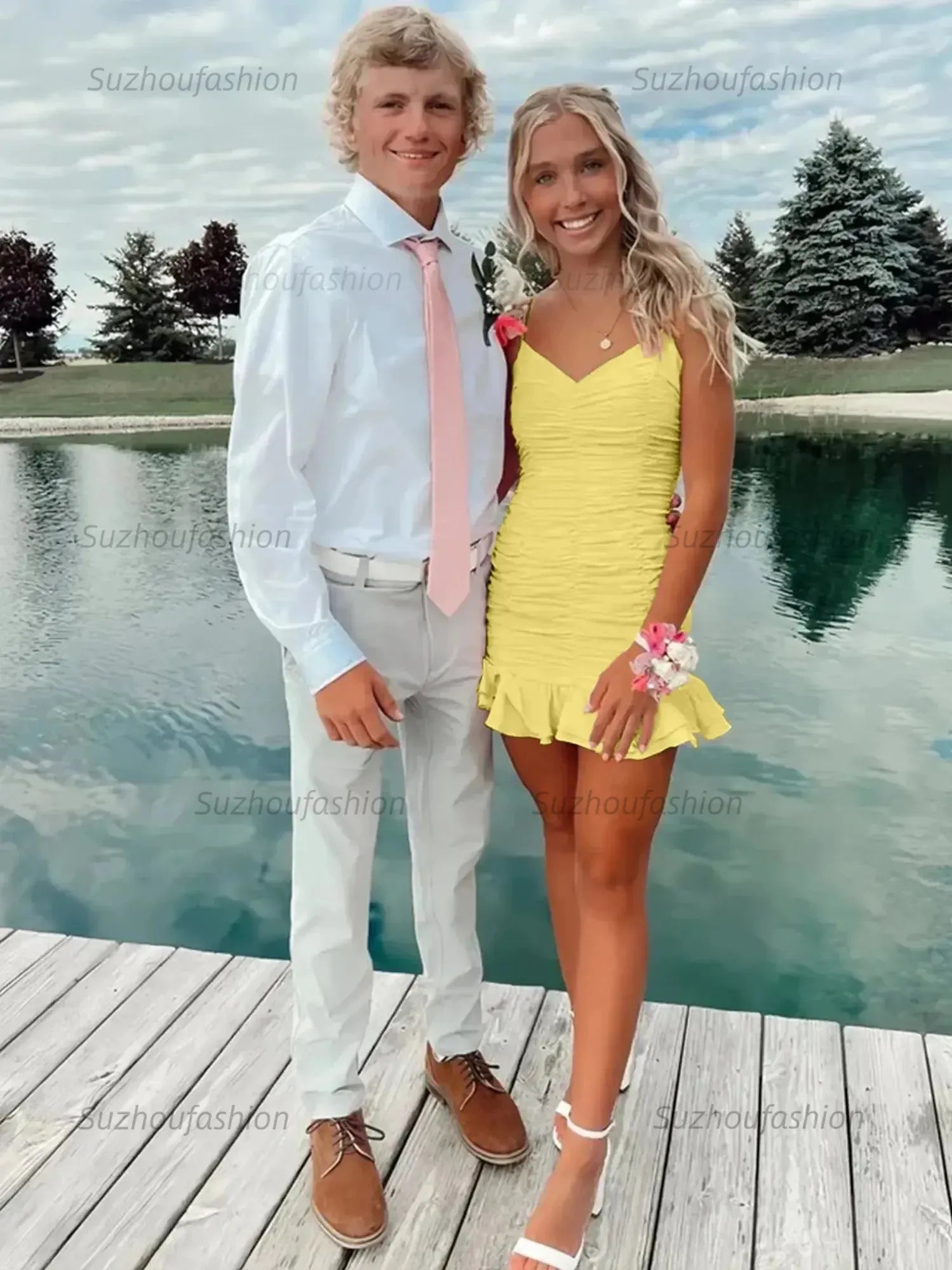 Cute Sheath Satin Short Homecoming Dress with Ruffles